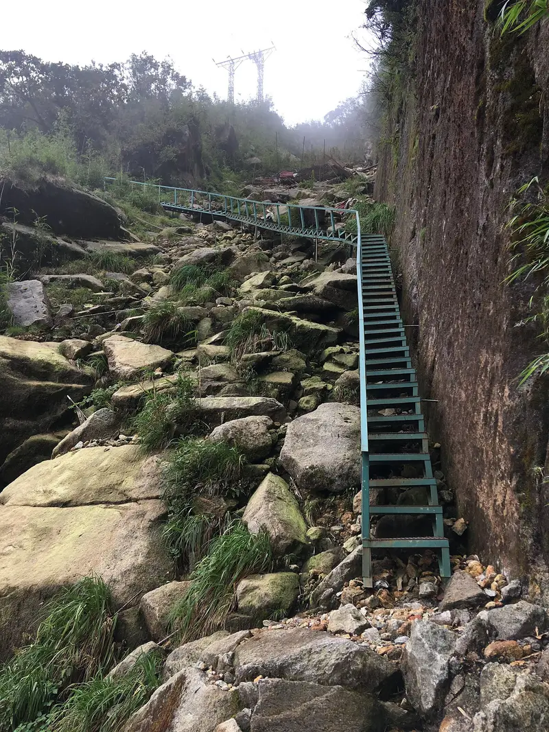 A steel ladder fixed beside a rock wall on the Fansipan trekking trail, with boulders and grass alongside
