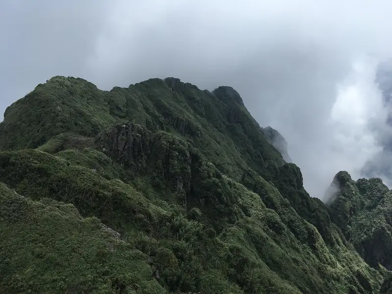 Steep green ridges dropping into cloud, seen from the summit of Fansipan